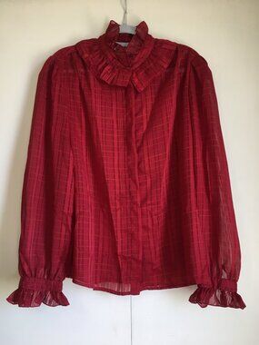 The BAY Vintage Plaid Frilly Mockneck Collar Button Up Cherry Blouse Semi Sheer